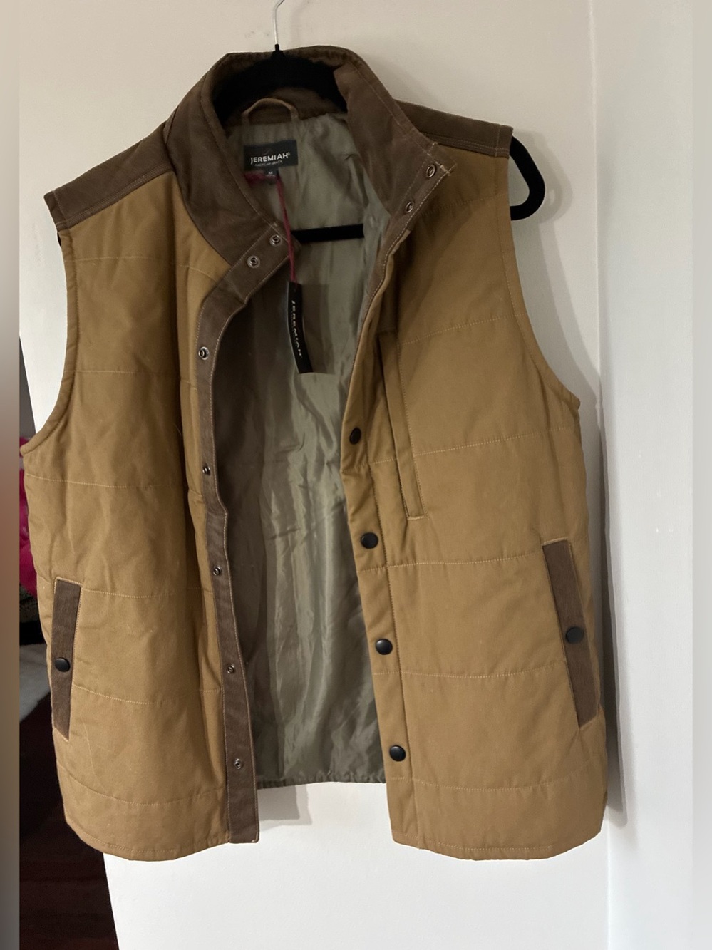 Jeremiah Men's Tan Quilted Canvas Vest with Contrast Trim